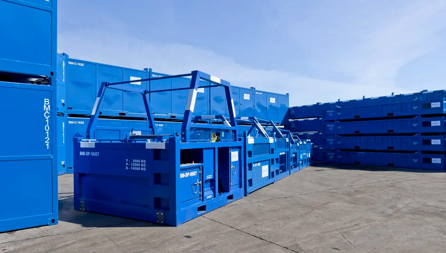 OEG BLUEMANTA units stacked in workshop yard.
