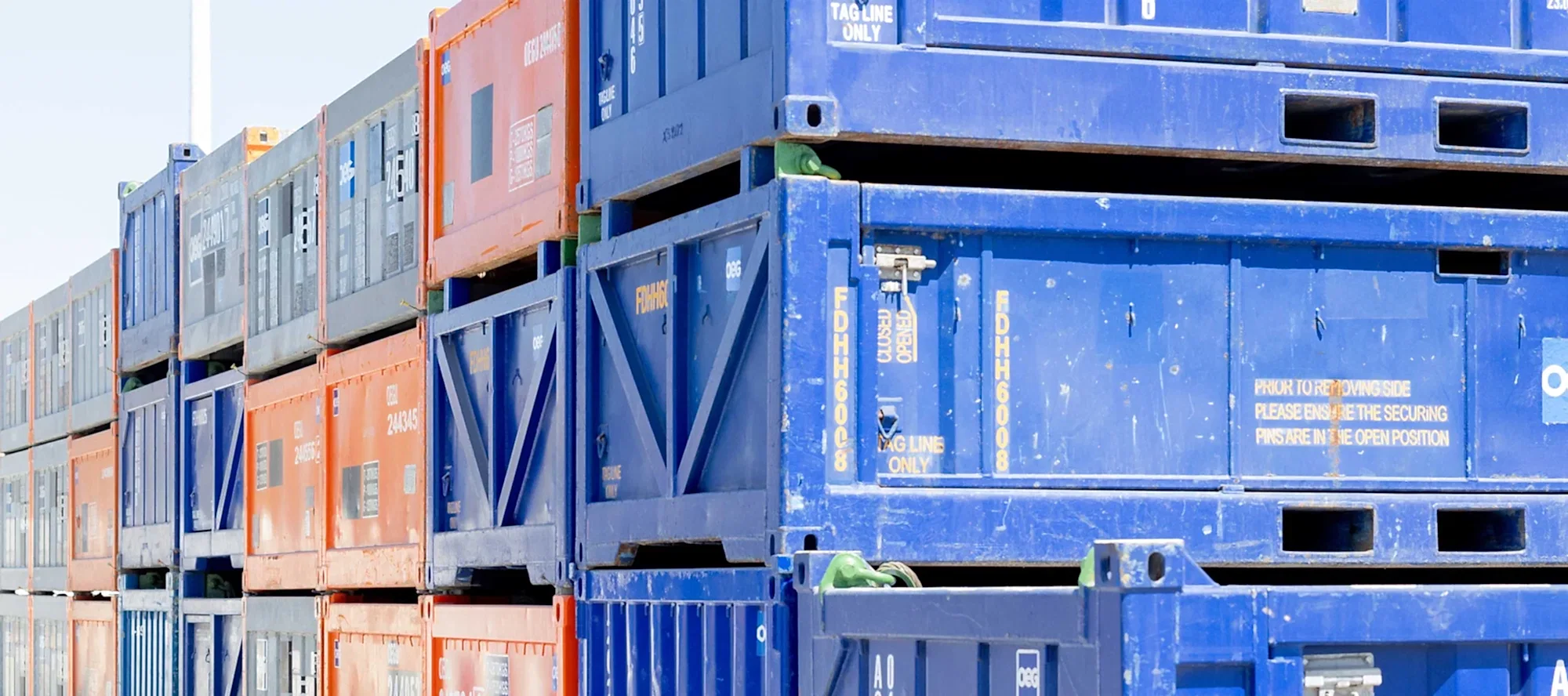 OEG DNV certified offshore baskets stacked in a yard